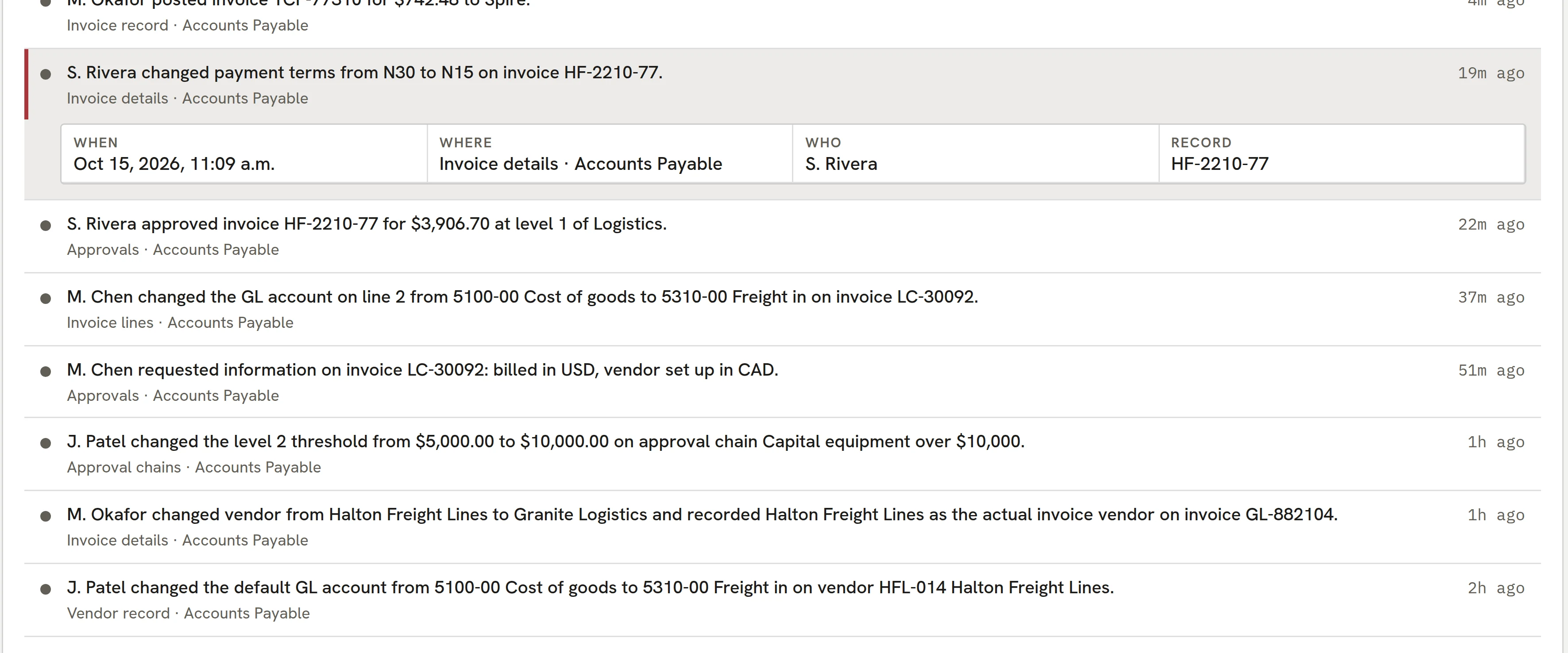 The Payables audit log with plain-English entries showing old and new values.