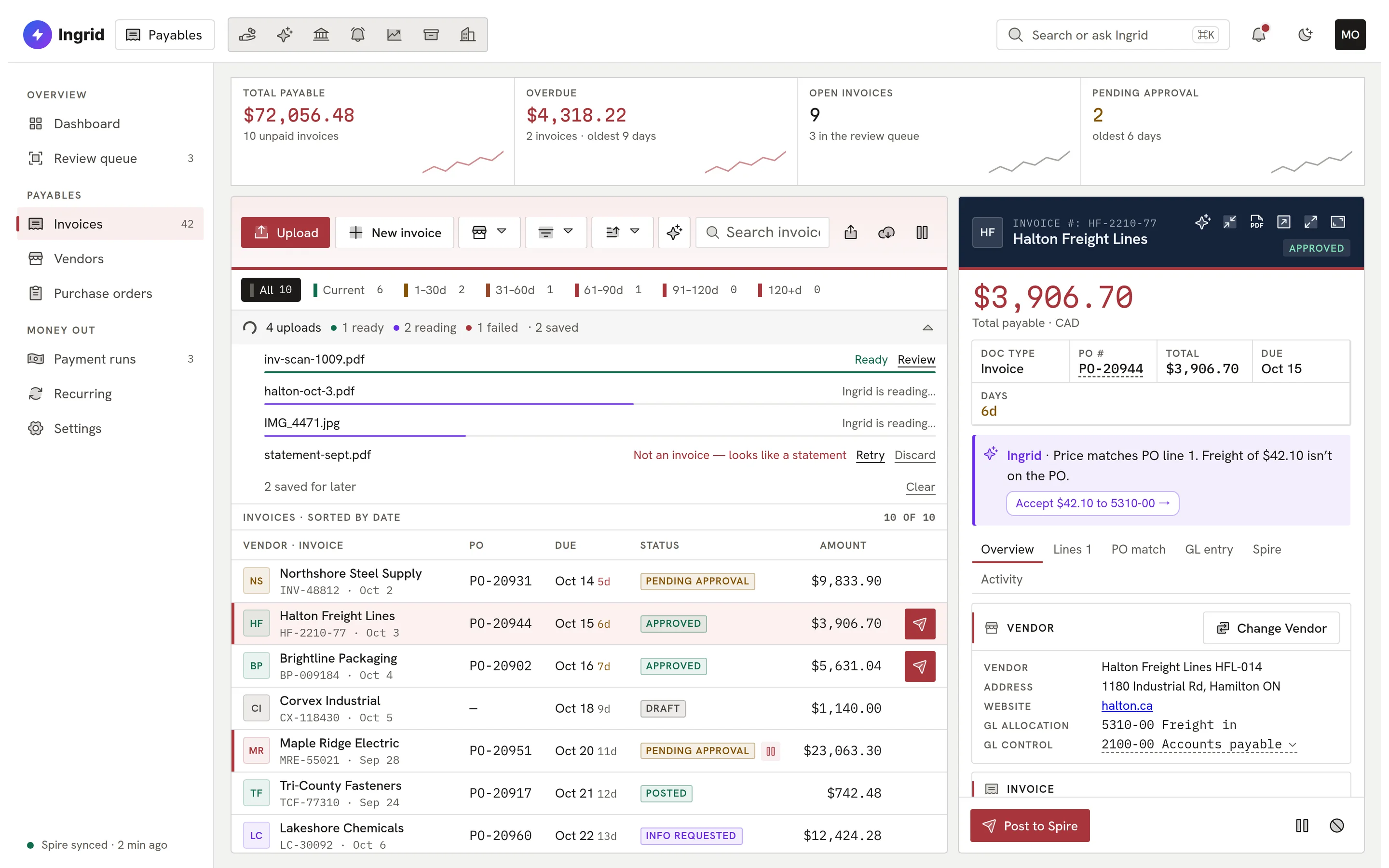 Ingrid Payables invoice list with the upload queue open: one file ready, two being read, one rejected as a statement.