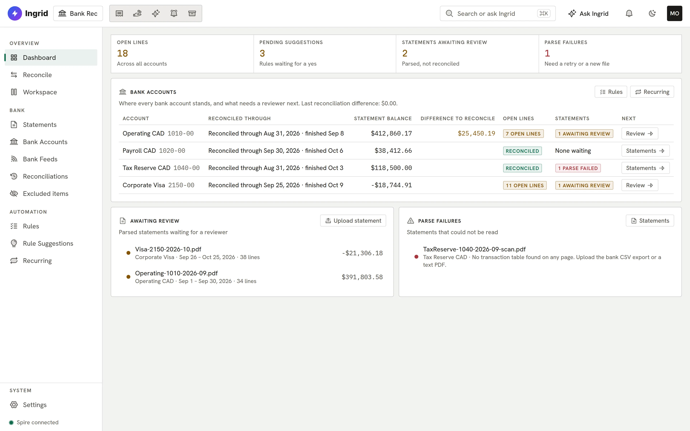 Bank Rec dashboard.